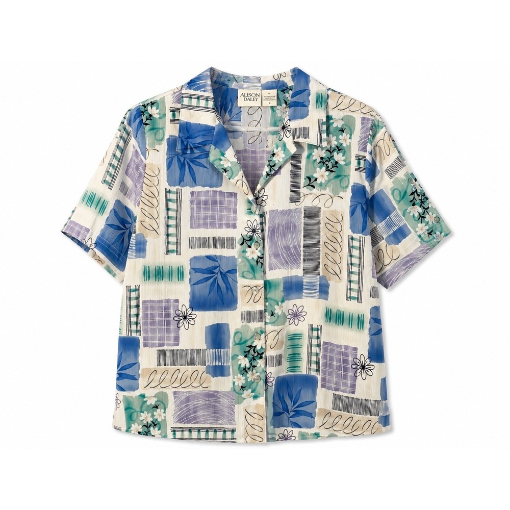 VTG Allison Daley‎ Button Down Shirt Womens 12 Blue Abstract Floral Short Sleeve - Picture 2 of 5